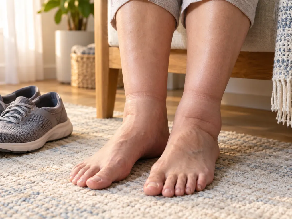 Lower legs and feet with subtle sock marks showing mild ankle puffiness in a calm home setting.