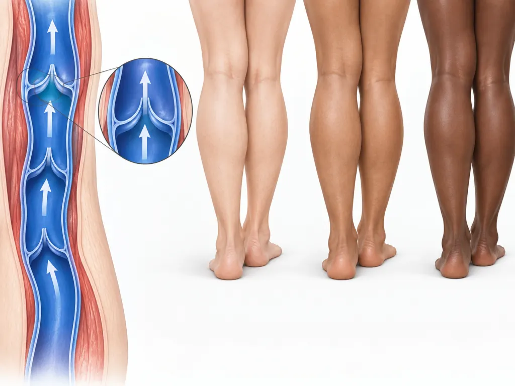Educational illustration showing leg veins and upward blood flow toward the heart.