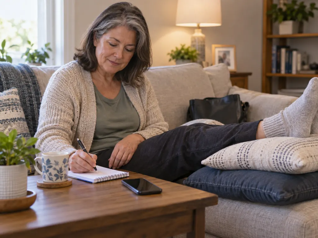 A person noting leg swelling details while resting with legs elevated on cushions.