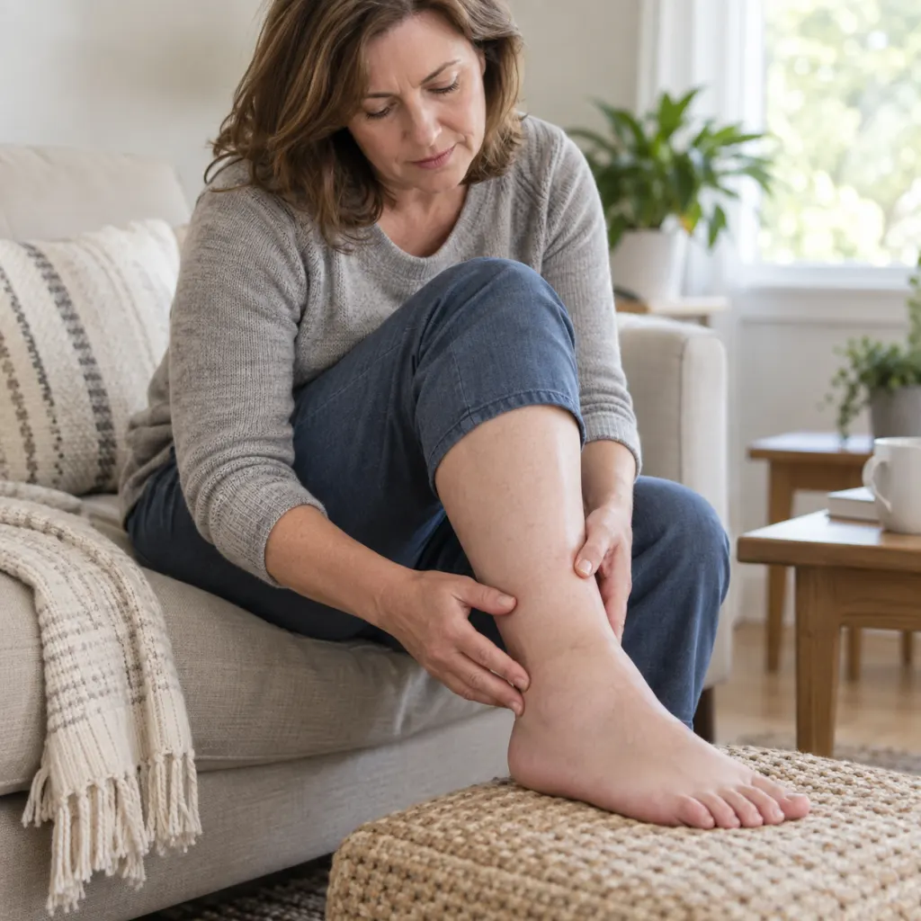 An adult seated at home calmly checking mild swelling around the ankle and lower leg.