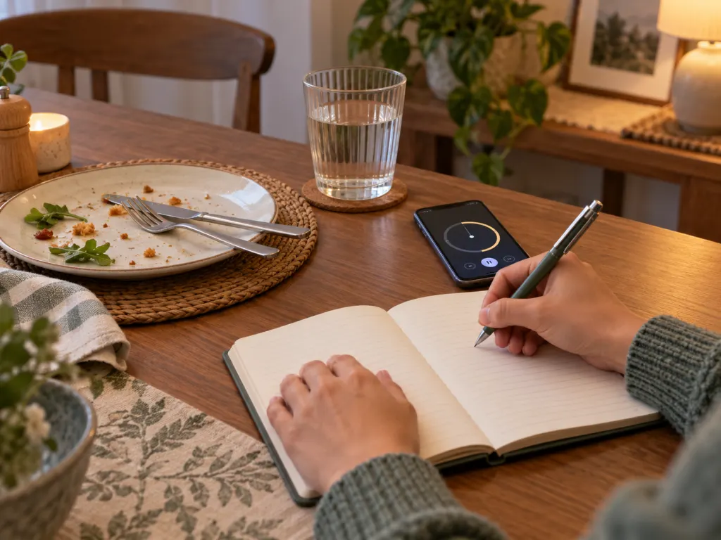 A person records meal timing and symptoms in a journal at a dining table.