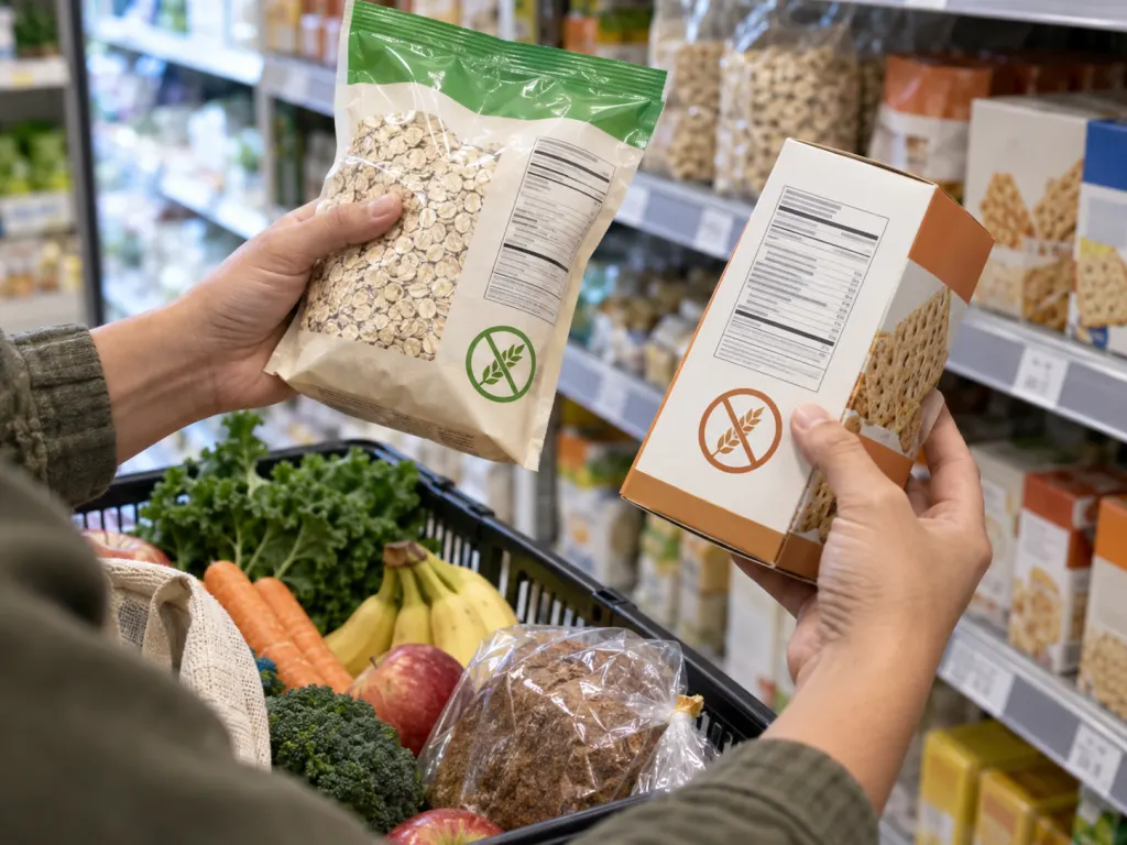 A shopper compares packaged food labels while choosing foods for a gluten-aware shopping trip.