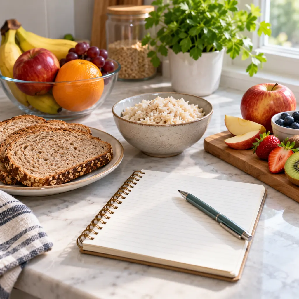A notebook and simple foods on a kitchen counter suggesting symptom tracking around gluten-containing meals.