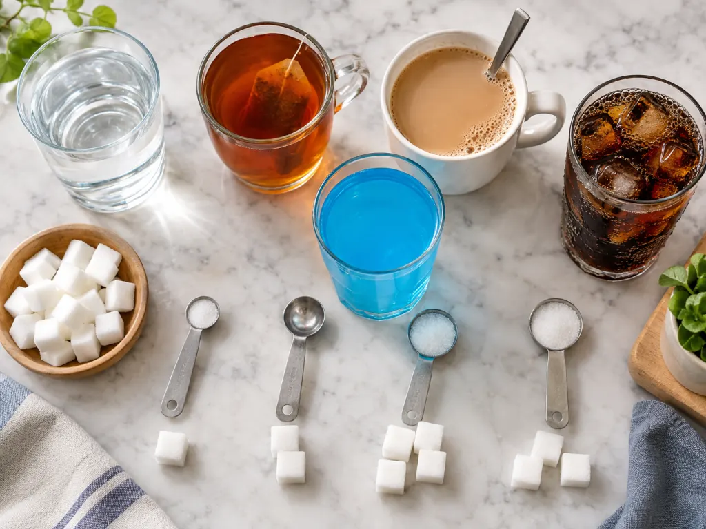 Several drinks on a table with sugar cubes and measuring spoons for comparison.