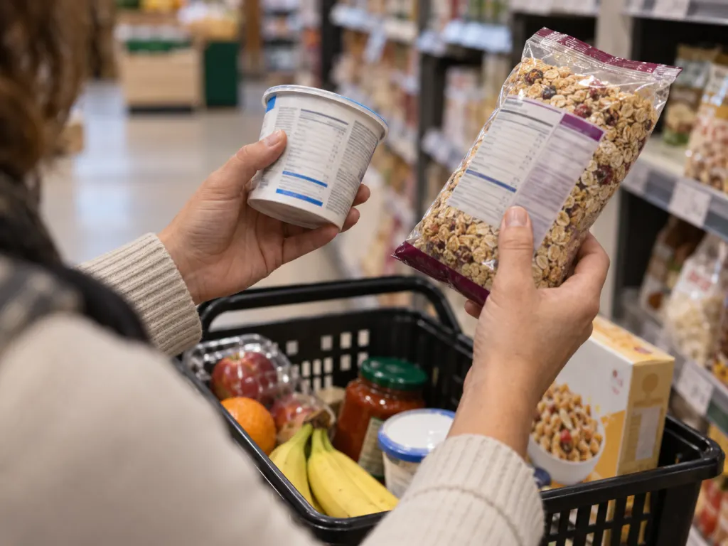 Person comparing packaged foods in a grocery basket while checking nutrition information.