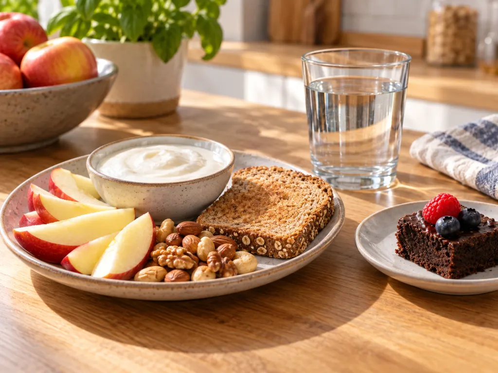 Balanced snack plate with fruit, yogurt, nuts, toast, water, and a small dessert portion.