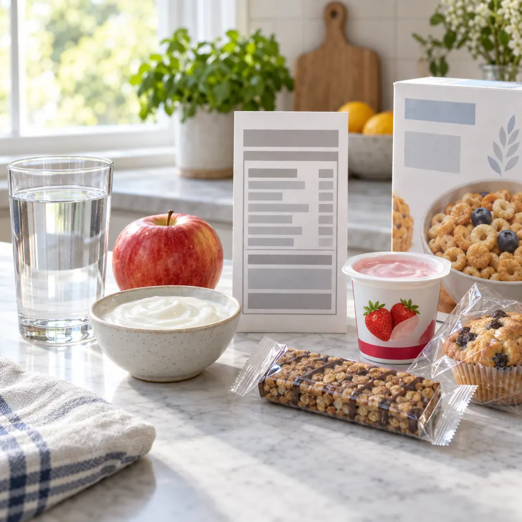 Kitchen counter with whole foods, water, and packaged foods arranged for added sugar comparison.