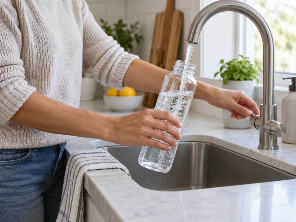 Someone fills a reusable water bottle at a kitchen sink.