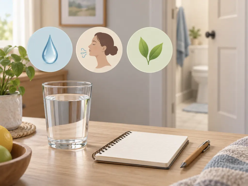 An educational illustration of water, a bathroom doorway, and a notebook for noticing hydration patterns.