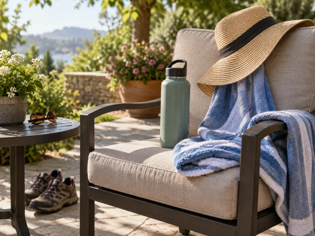 A water bottle, towel, and sun hat rest on a shaded patio chair after outdoor activity.