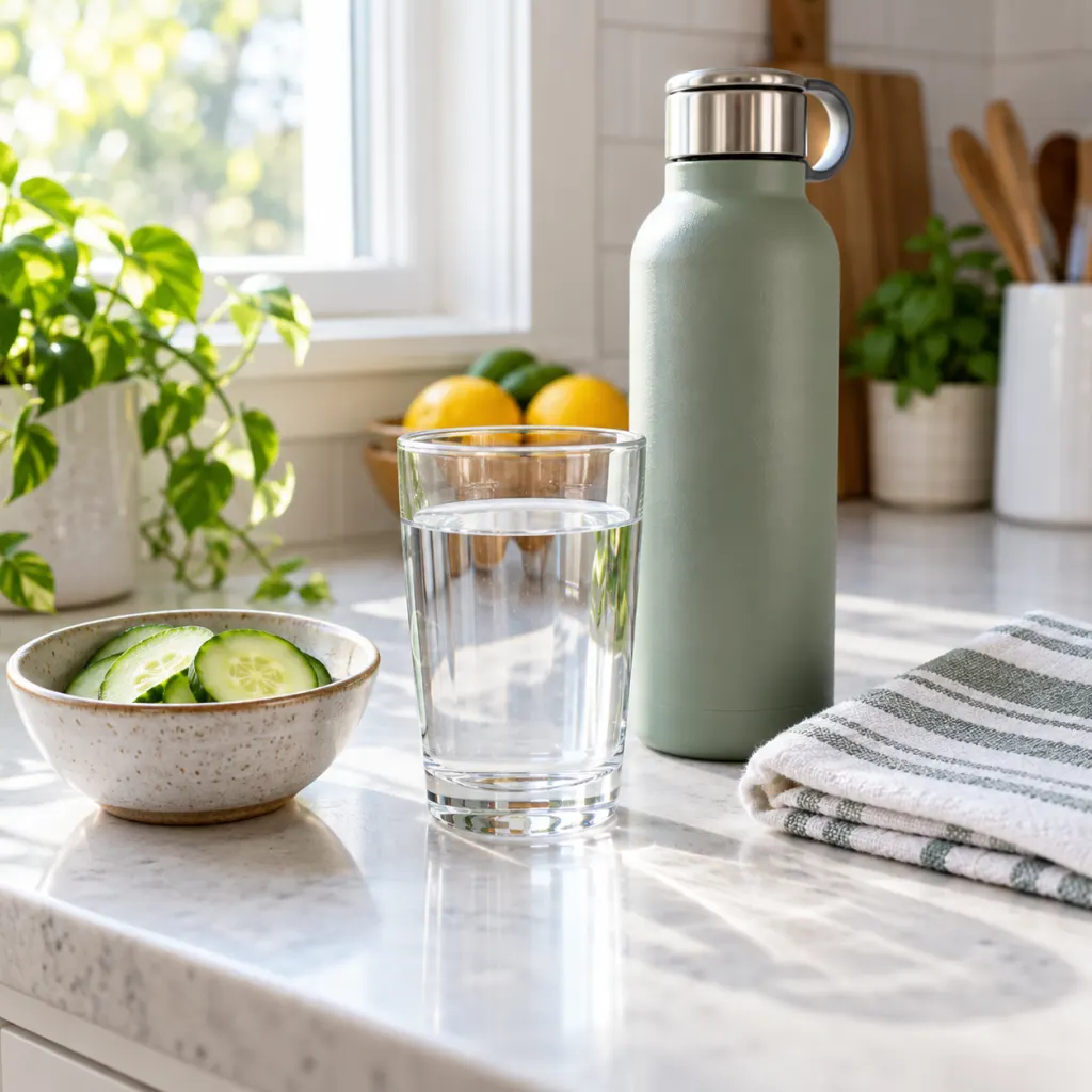 A glass of water and reusable bottle on a bright kitchen counter.