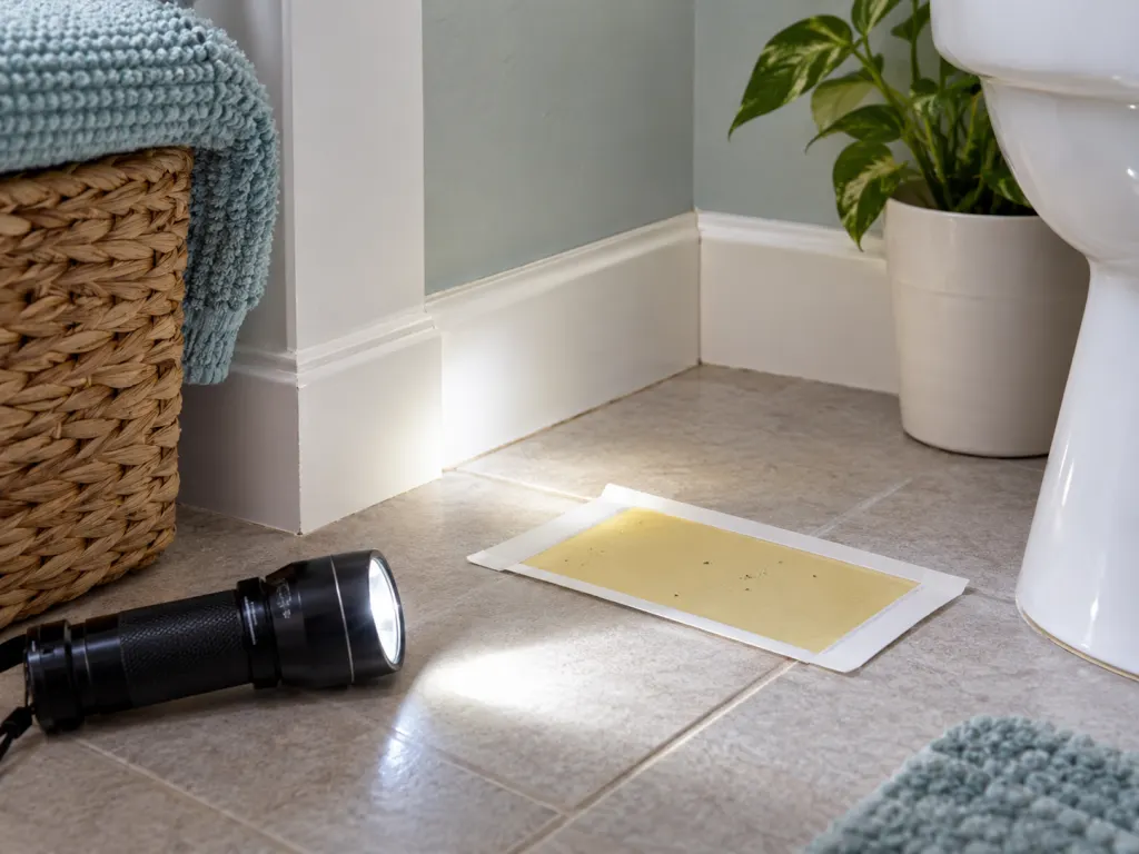 A flashlight and sticky trap placed near a clean baseboard corner.