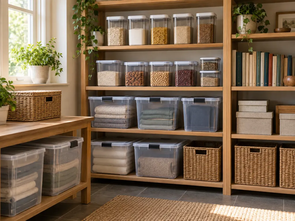 Dry storage shelves with sealed containers and neatly arranged books.