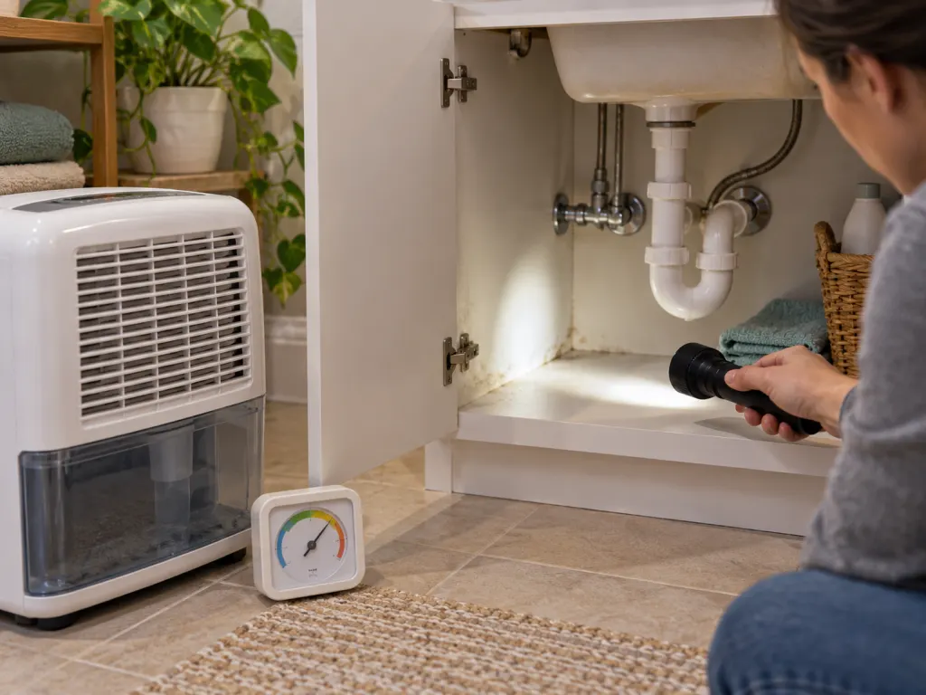 A dehumidifier and under-sink moisture inspection setup in a clean home.