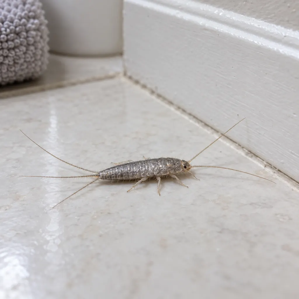 A silverfish insect on bathroom tile near a baseboard.