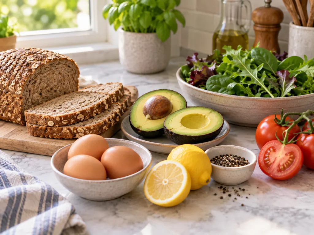 Ingredients for avocado egg toast arranged on a kitchen counter.