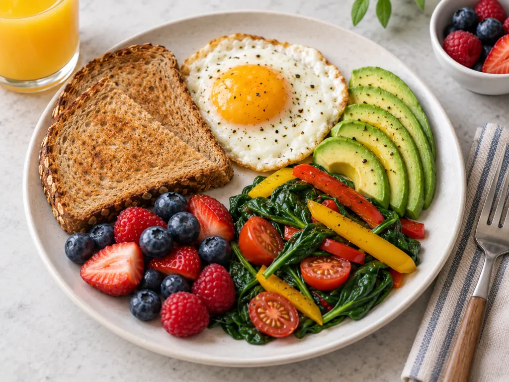 Illustration of a balanced breakfast plate with toast, egg, avocado, fruit, and vegetables.