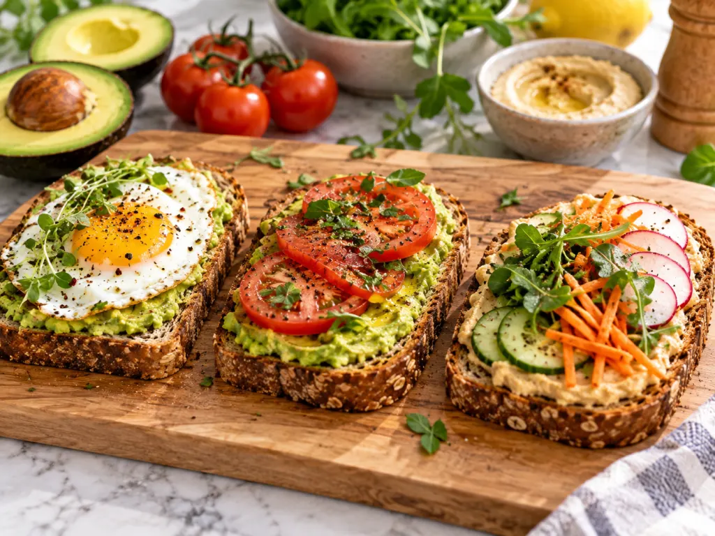 Three breakfast toast variations with avocado, egg, herbs, hummus, and vegetables.