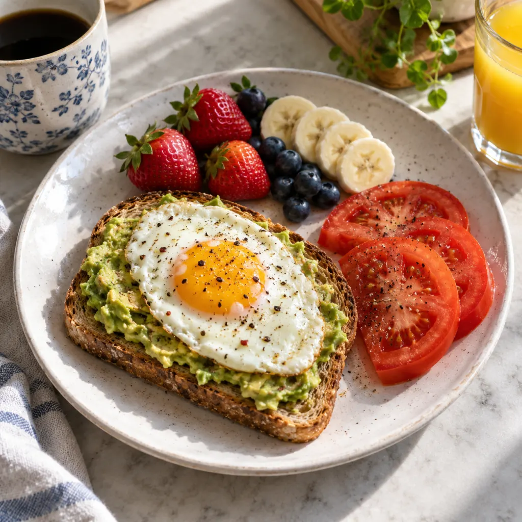 Whole-grain avocado egg toast with tomato and fruit on a breakfast plate.