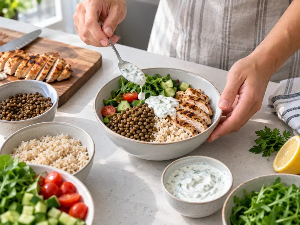 Hands assembling a bowl with rice, chicken, lentils, greens, and sauce.