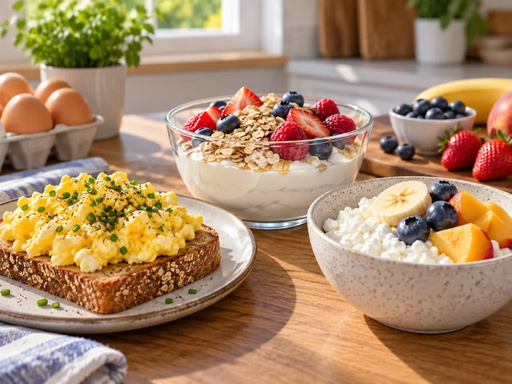 Eggs, Greek yogurt with oats and berries, and cottage cheese with fruit on a breakfast table.