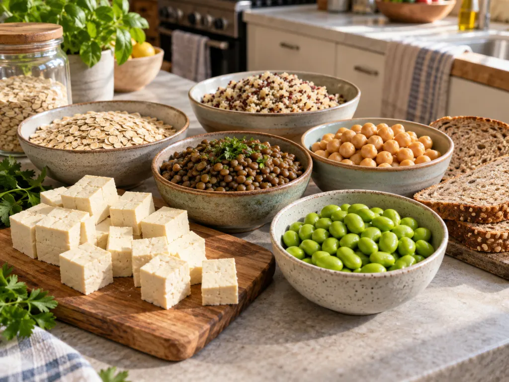 Tofu, lentils, chickpeas, quinoa, oats, edamame, and whole-grain bread arranged as meal ingredients.