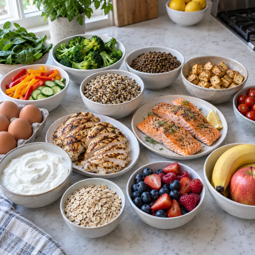 A balanced meal prep spread with protein foods, grains, fruit, and vegetables on a kitchen counter.