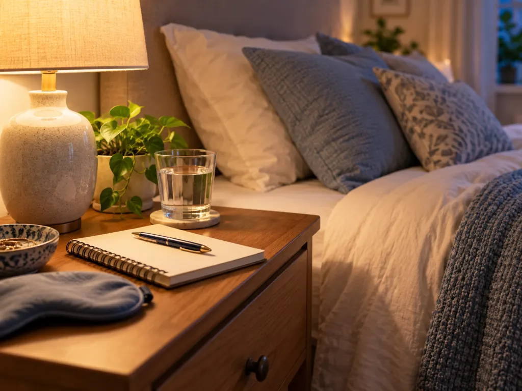 A bedside notebook and lamp beside a calm bedroom setting.