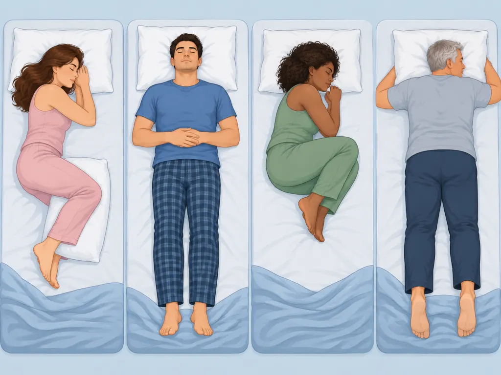 Illustration of side, back, curled, and stomach sleeping positions.