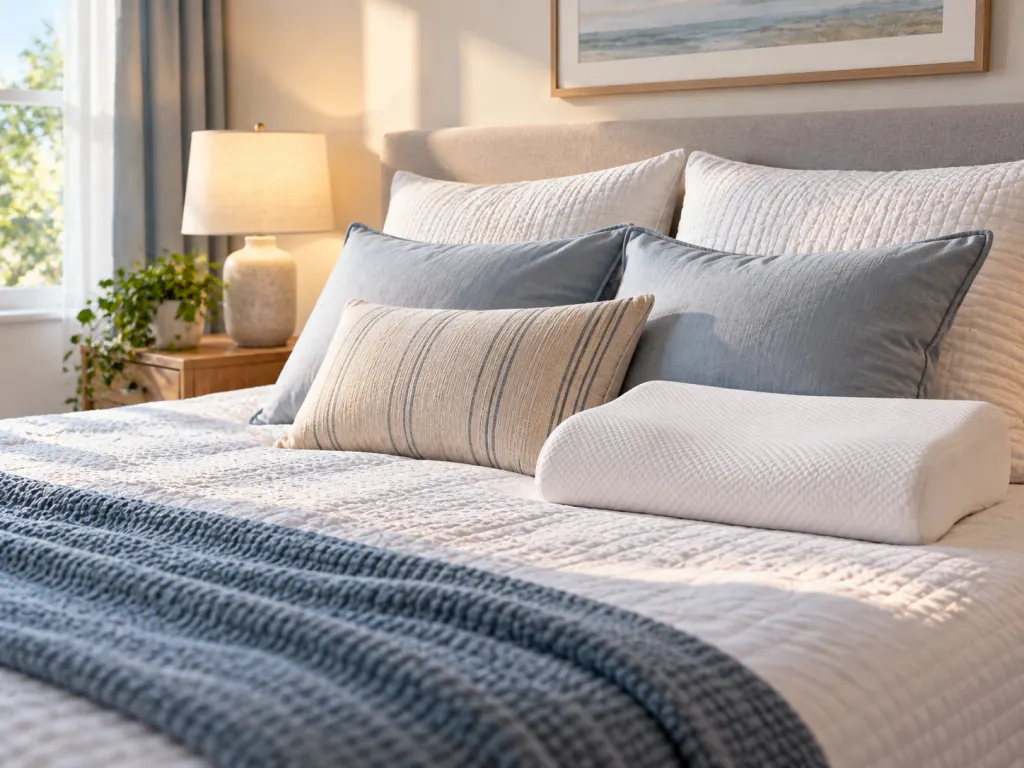 Supportive pillows arranged on a neatly made bed in daylight.
