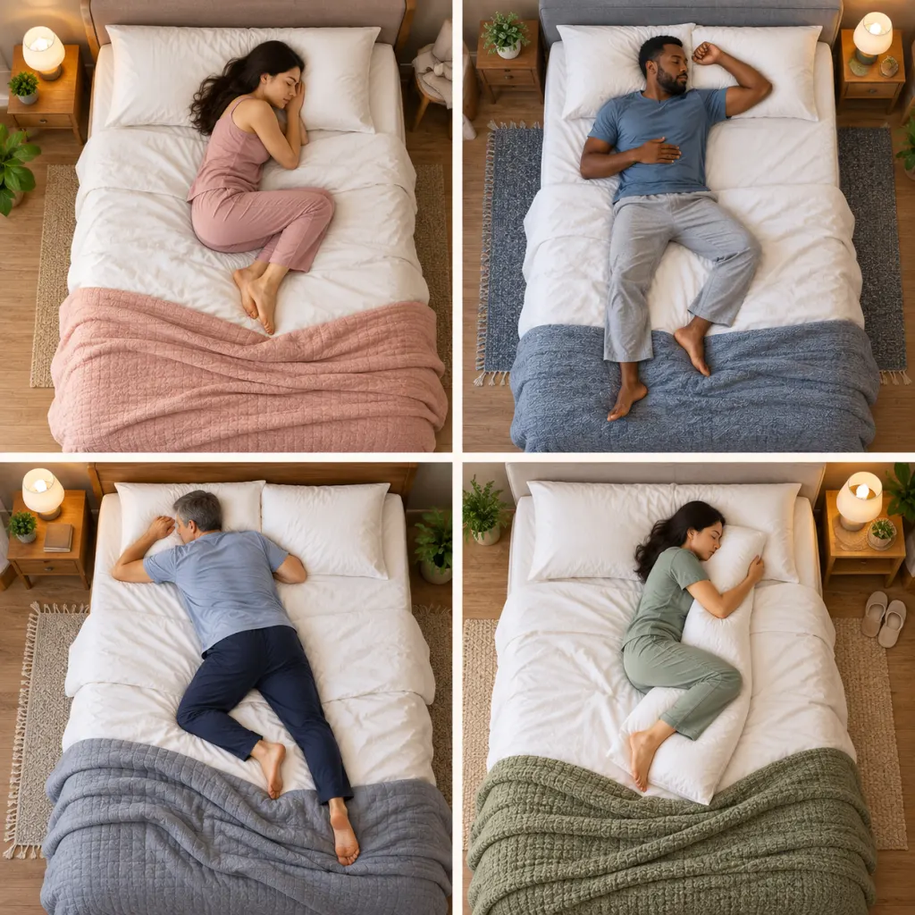 Overhead illustration of different common sleep positions in separate beds.