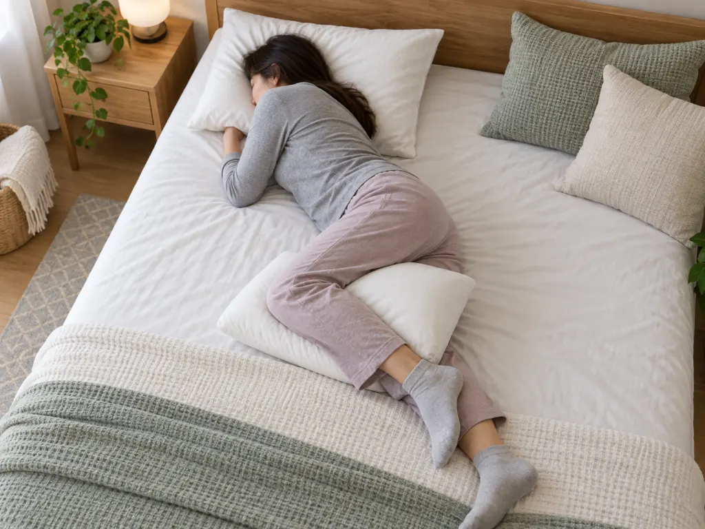 A side-sleeping arrangement with pillows supporting the head and knees.