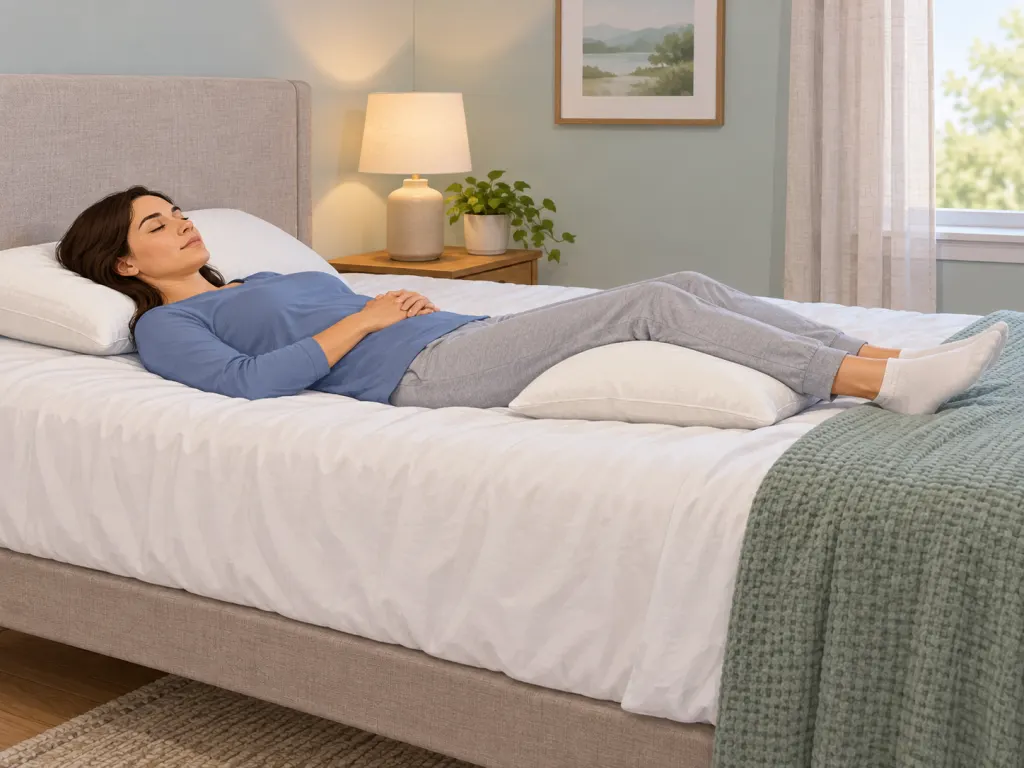 An illustration of back sleeping with support under the neck and knees.