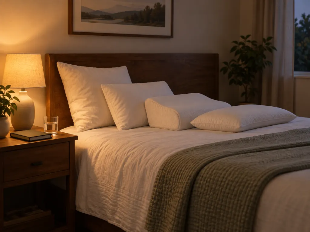 A bedside setup with pillows and simple items for reviewing sleep comfort.