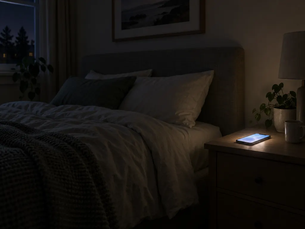A glowing phone on a nightstand in a dark bedroom.