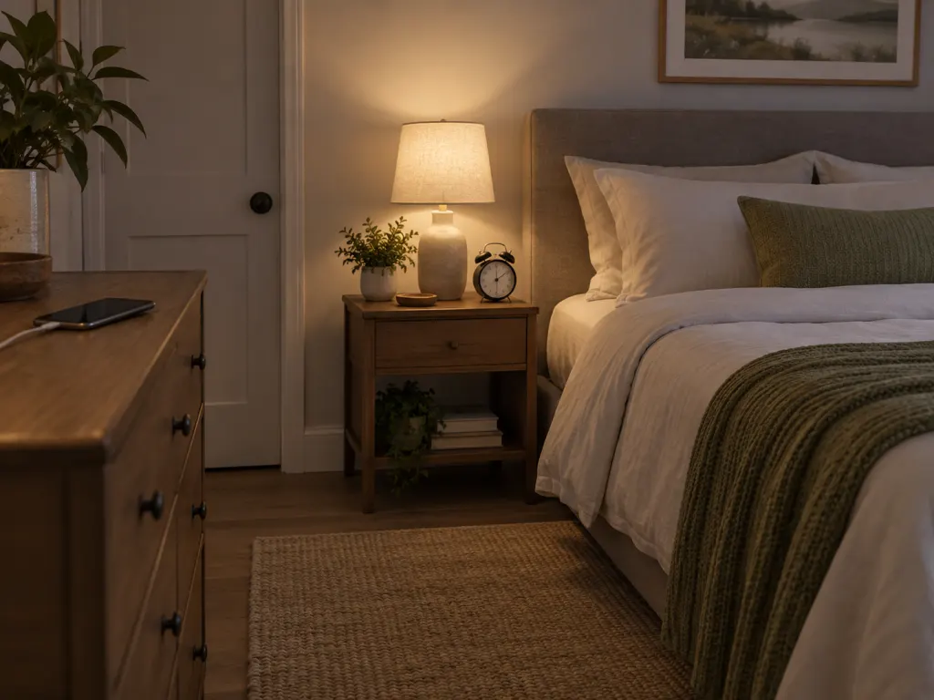 A phone charging on a dresser with an alarm clock by the bed.
