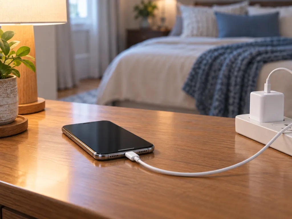 A phone charging on a hard surface away from bedding.