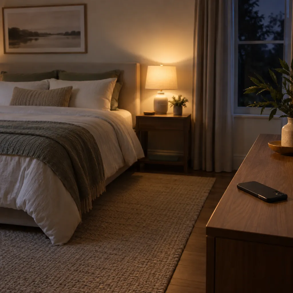 A phone placed away from the bed in a calm nighttime bedroom.