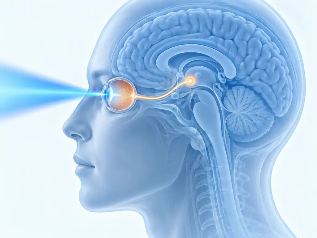 Educational illustration showing a light beam entering the eye and a signal pathway reaching the brain's circadian clock region