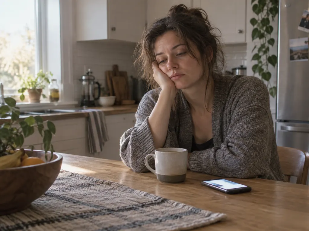 A tired person at a kitchen table in the morning next to a lit phone screen, representing next-day fatigue from disrupted nighttime sleep
