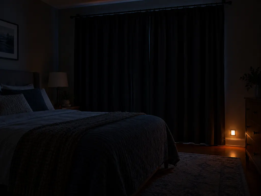 A darkened bedroom with blackout curtains and a small amber nightlight at floor level, representing an optimized dark sleep environment