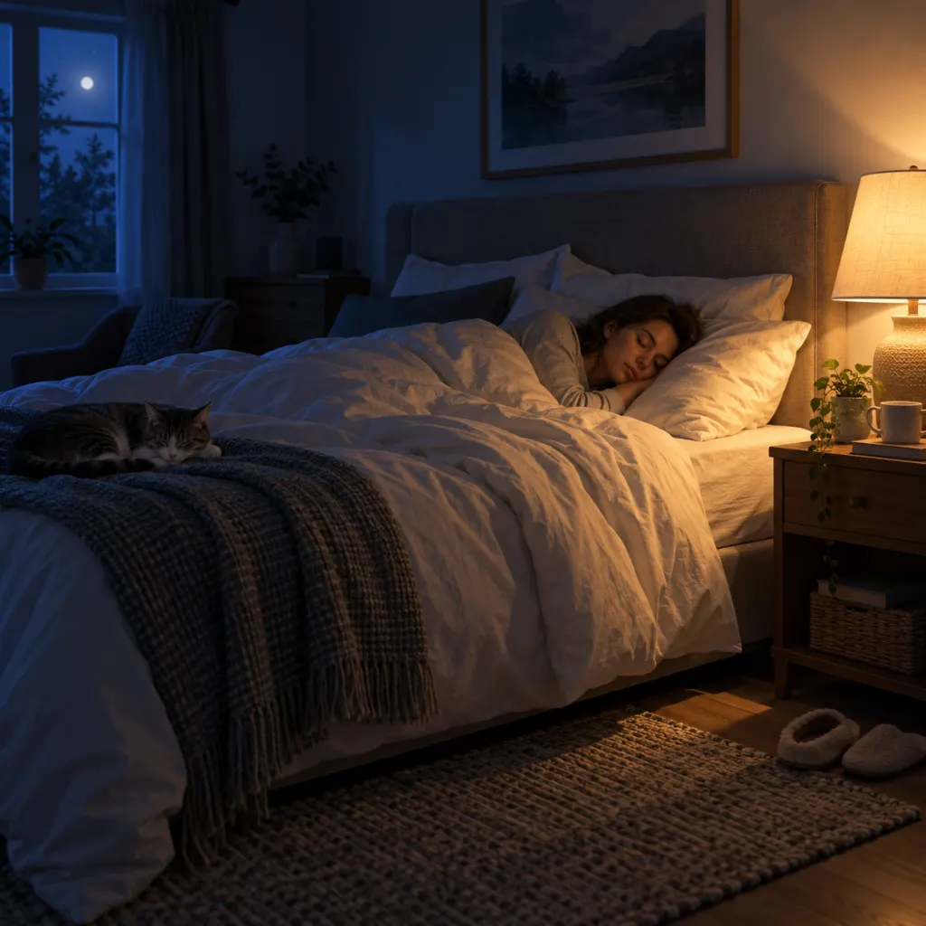 A bedroom at night with a lamp casting warm light beside a sleeping person, illustrating the contrast between artificial light and darkness during sleep
