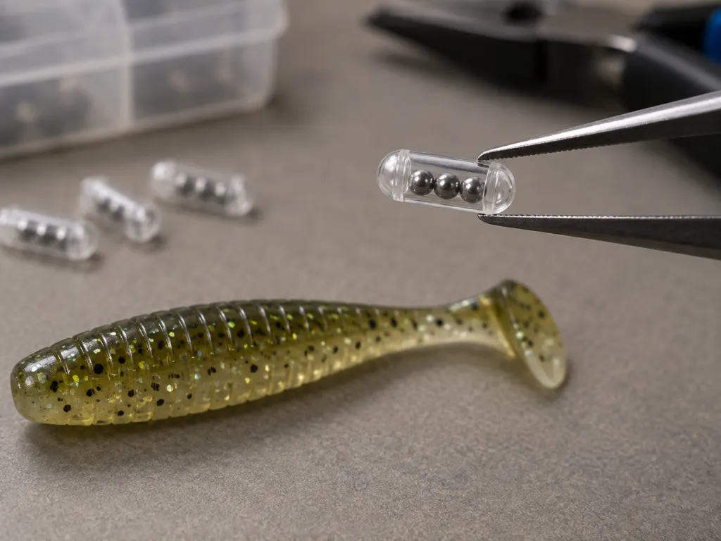 A sealed clear rattle capsule held with tweezers, showing three tiny metal balls inside.