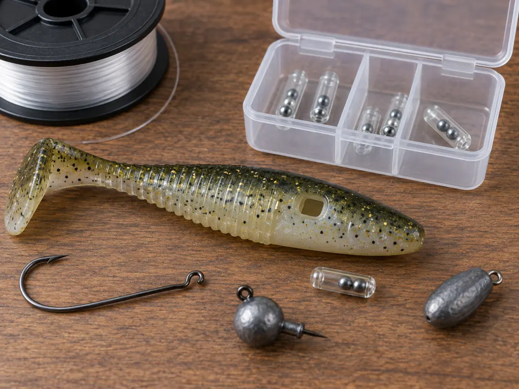Soft plastic bait and small rattle inserts arranged in a tackle tray.