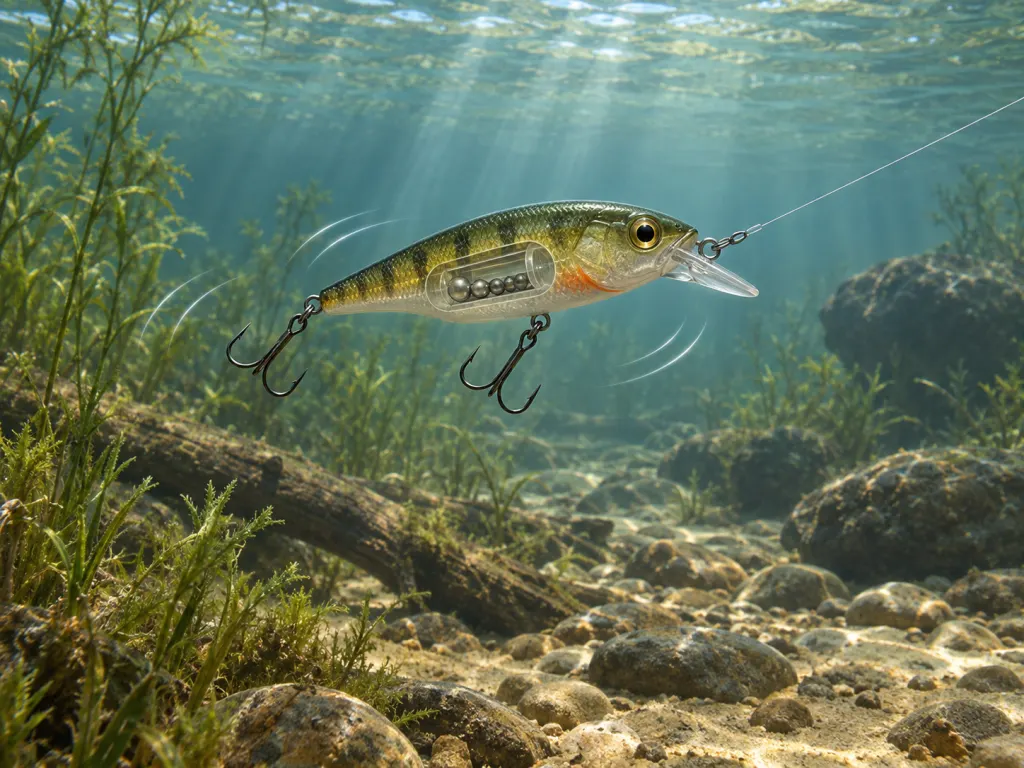 Illustration of an artificial lure underwater with a small internal rattle creating subtle ripples.