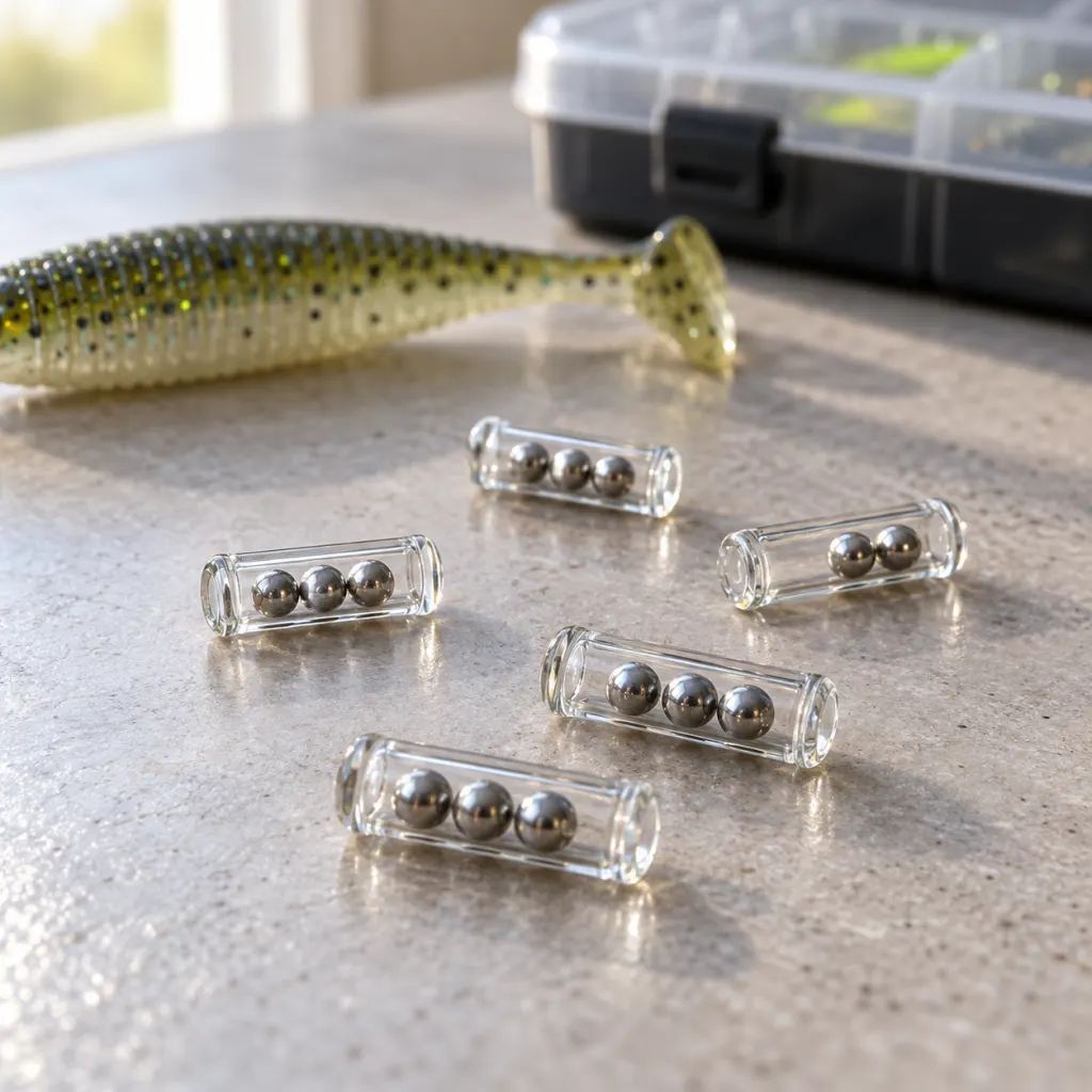 Tiny clear lure rattle tubes with small metal balls shown beside fishing tackle.