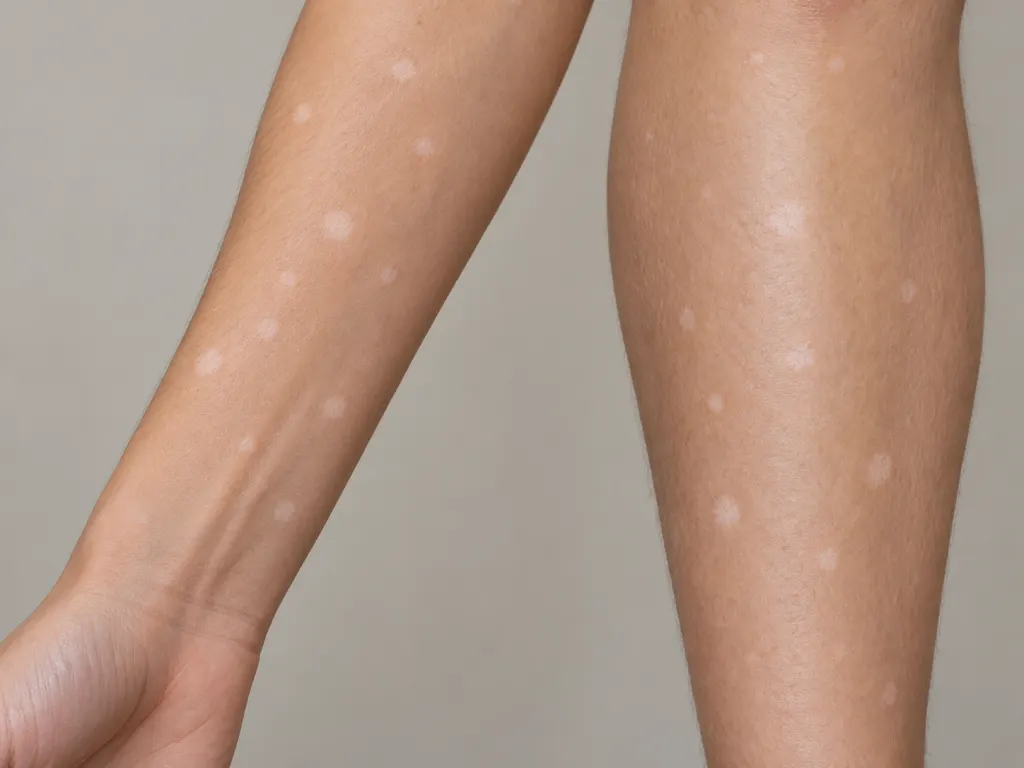 Small smooth pale spots scattered on a forearm and shin