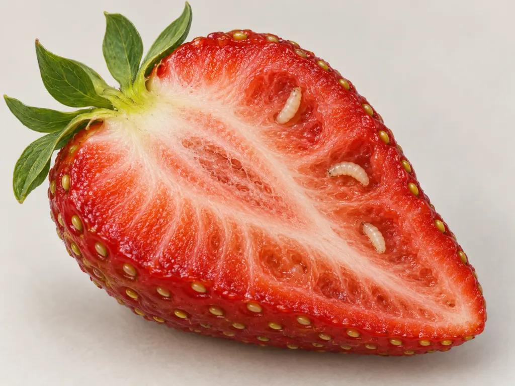 Non-graphic illustration of a strawberry cross section showing tiny pale larvae.