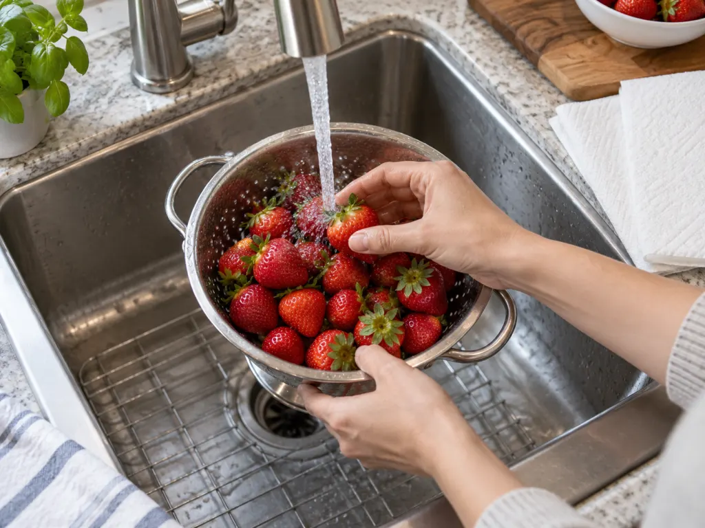 Hands rinsing strawberries in a colander under running water.