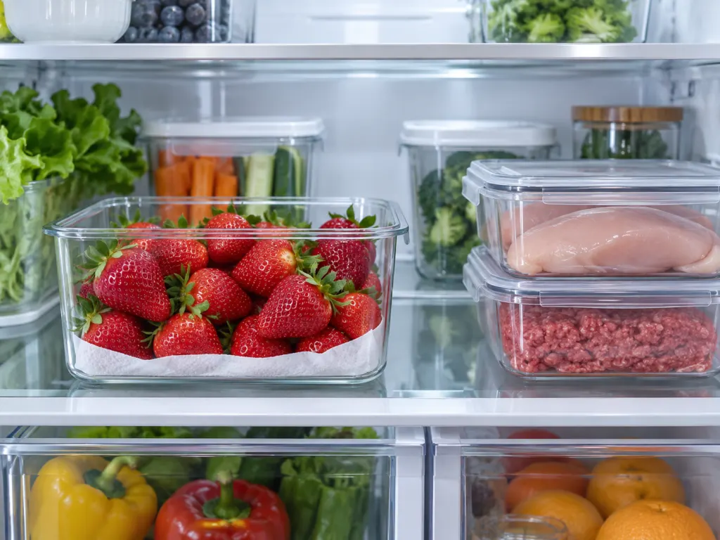 Fresh strawberries stored in a clean refrigerator container away from raw foods.